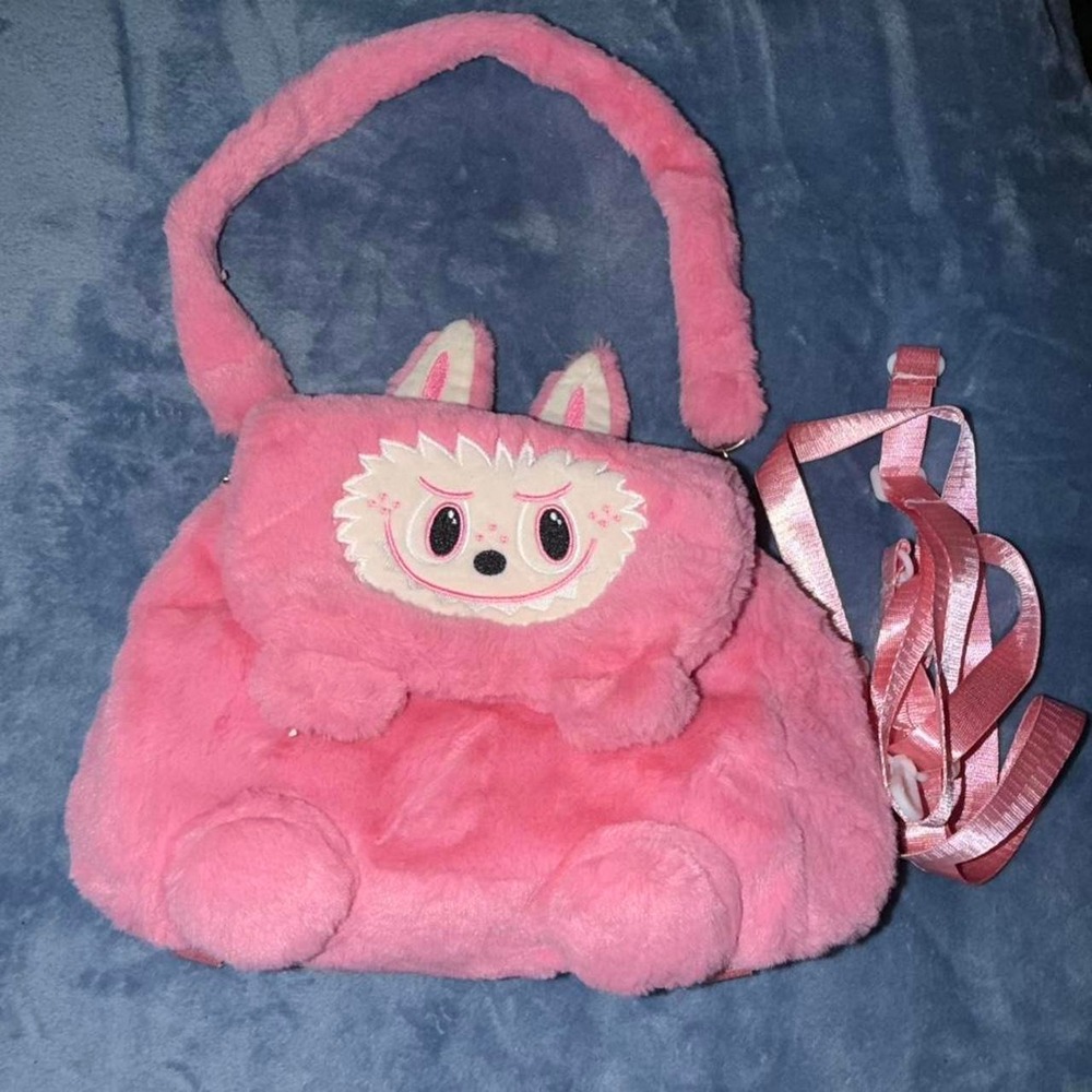 Labubu Pink faux fur backpack with cute design